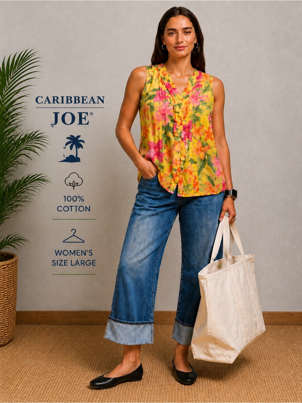 Caribbean Joe Tropical Floral Sleeveless Cotton Blouse Large Yellow Pink